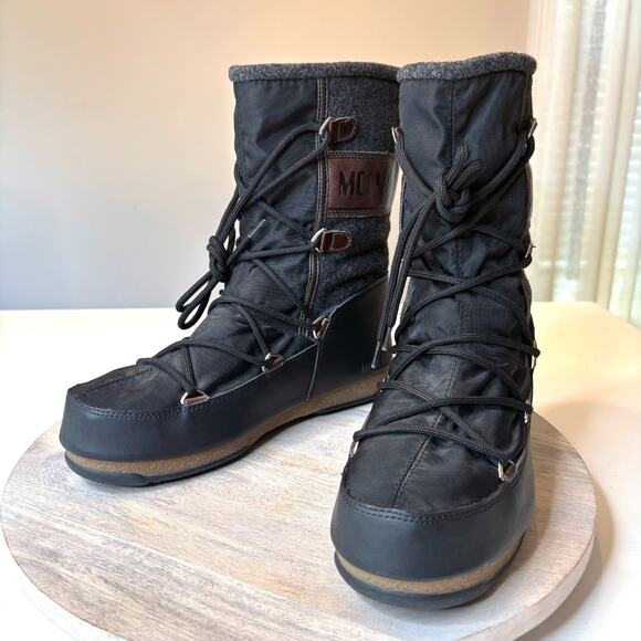 Vintage Moon Boot Icon Lace-Up Snow Winter Ski Boots EU 41 US 8.5 Black Nylon - Picture 1 of 12